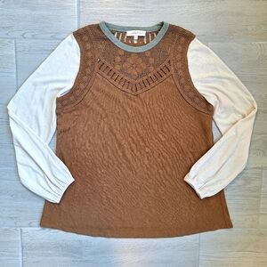Hailey & Co Women's Brown Cream Crochet Yoke Long Sleeved Boho Shirt - Small